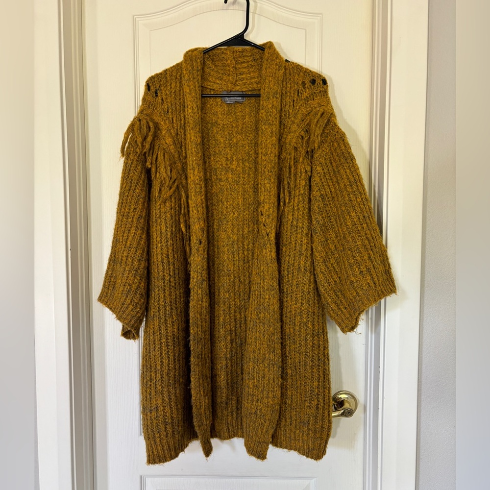 Anthropologie Fringe Knit Cardigan OS Mustard Marigold Chunky Open Front